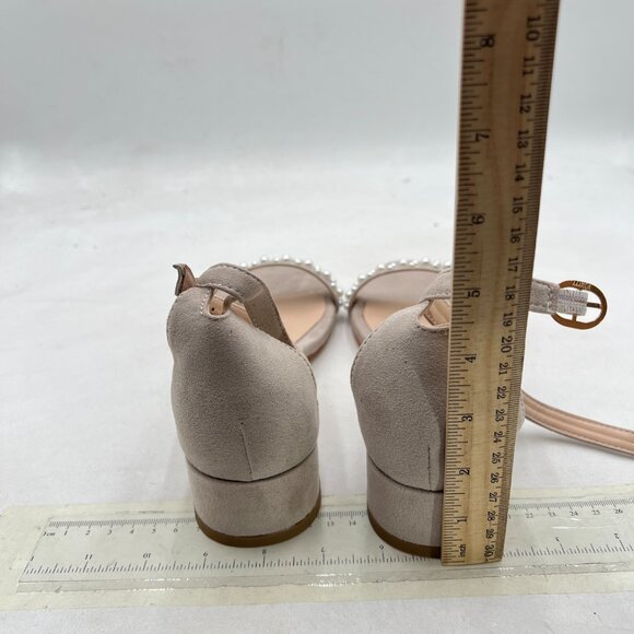 XYD Nude Pearls Open Toe Strappy Low Block Heel Sandal Ankle Strap with Buckle - Picture 5 of 8